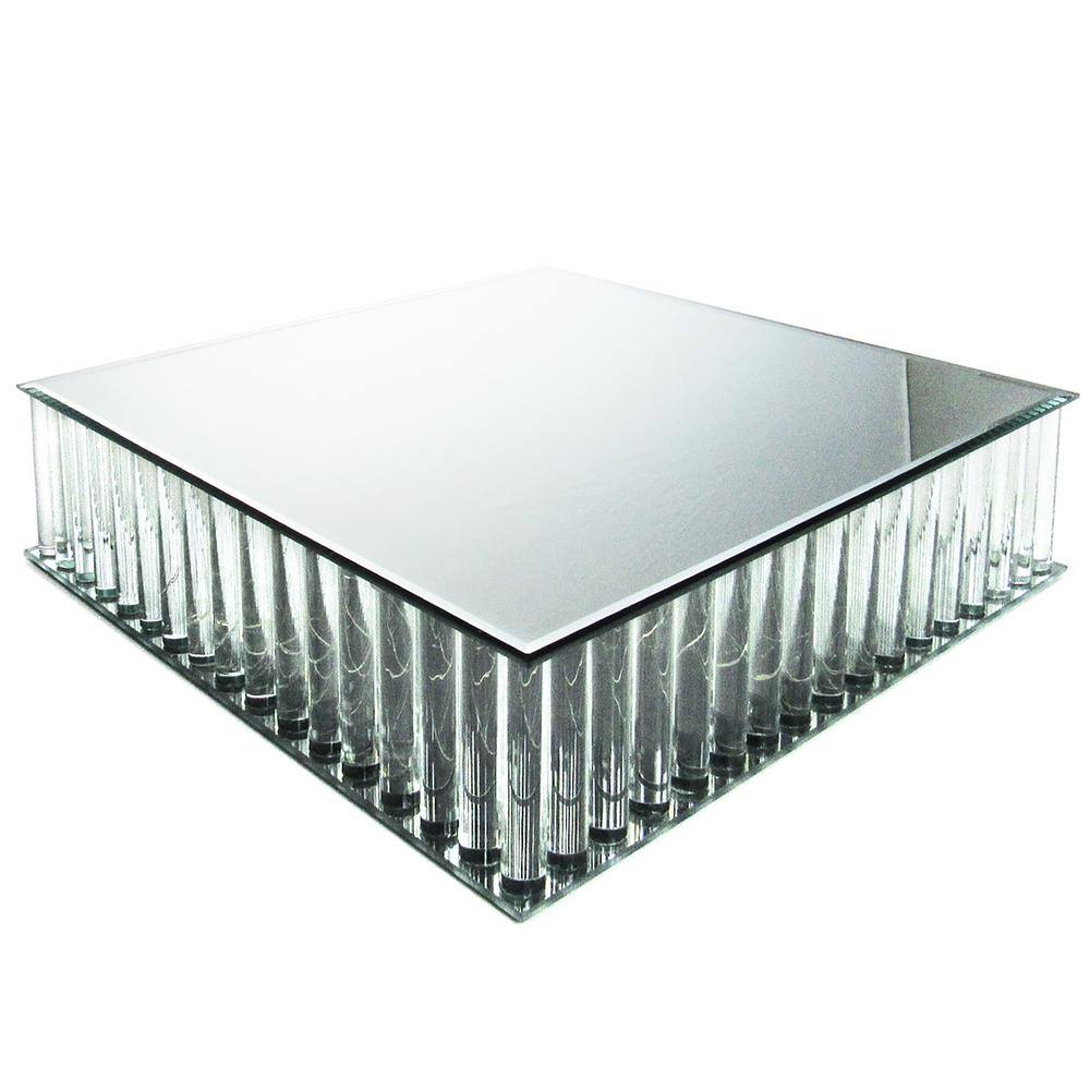 1-Tier Clear Square Mirror LED Fairy Light Up Glass Columns Cake Stand Dessert Display Tray 16 in. - Hercitys