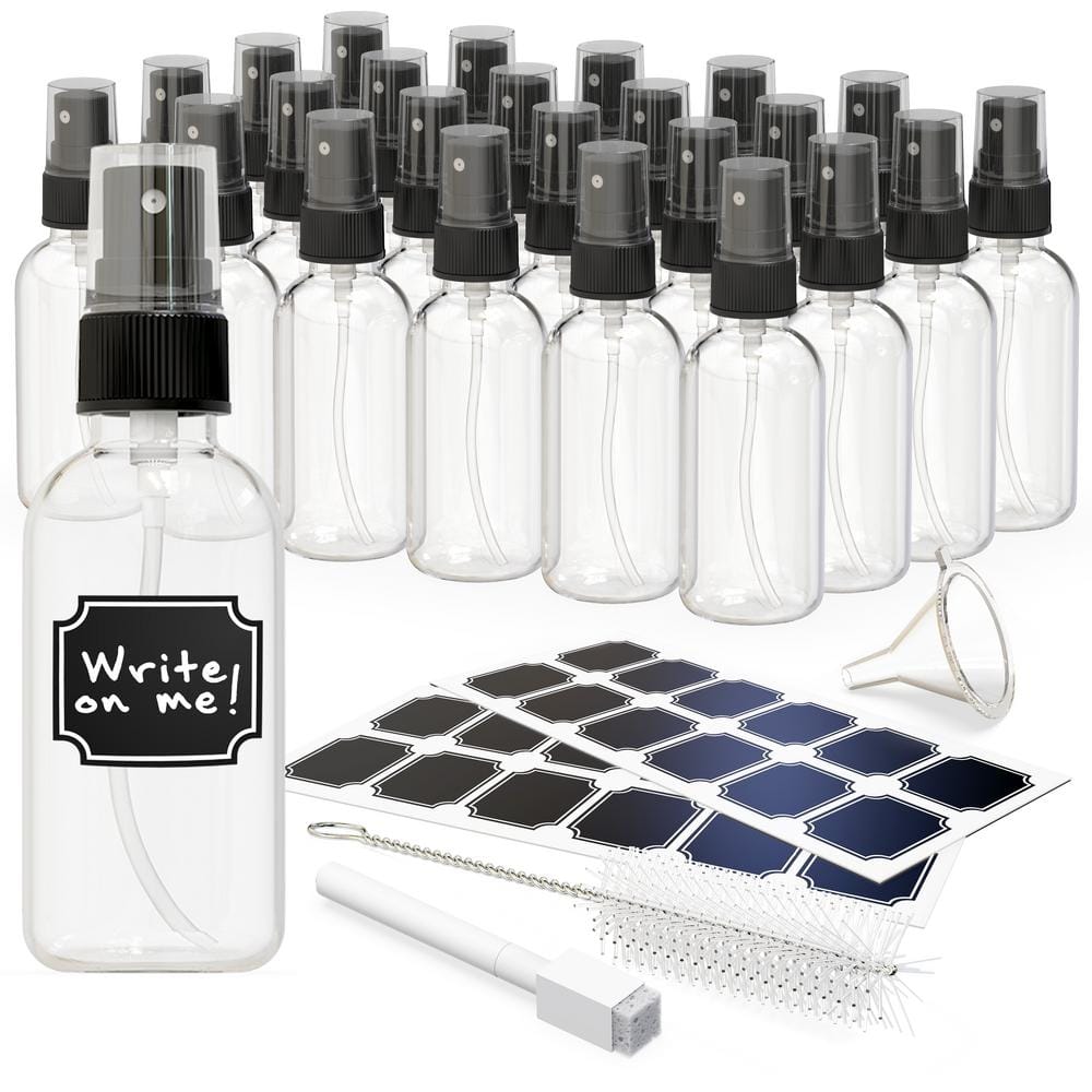 2 oz. Glass Spray Bottles with Funnel, Brush, Marker and Labels-Clear (Pack of 24) - Hercitys