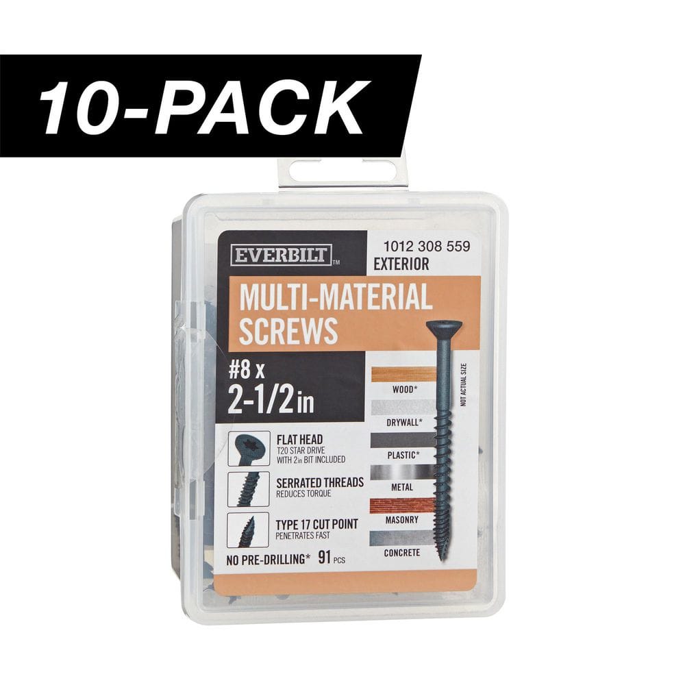10-Pack #8 x 2-1/2 in. Black 6-Lobe Star Drive Exterior Flat Head Multi-Material Screw (10 lbs. / 910-Piece) - Hercitys