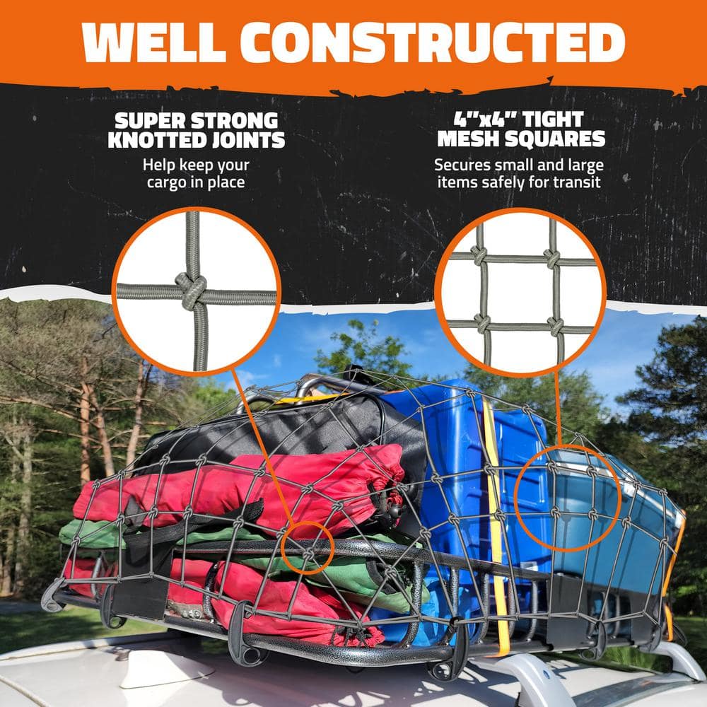 20 in. x 36 in. Heavy-Duty Gray Bungee Cargo Net – Stretches to 42 in. x 74 in. - Hercitys