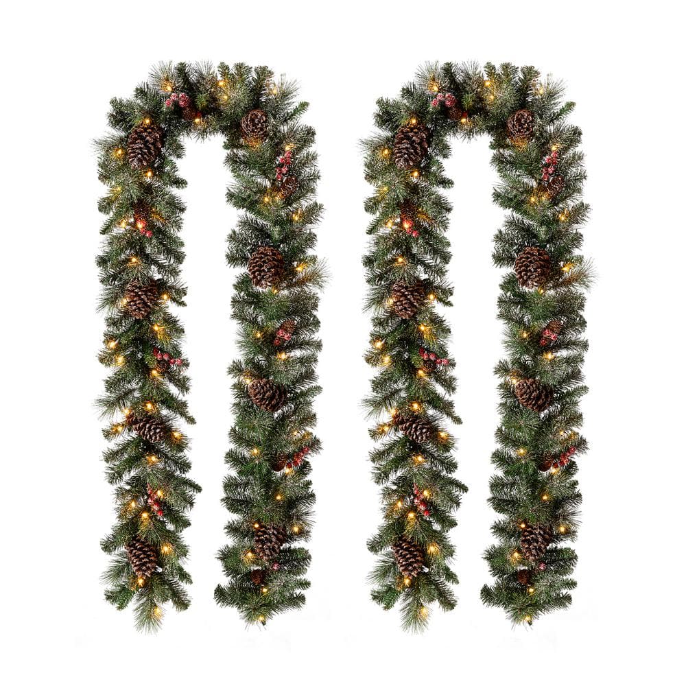 2-Pack 9 ft. Pre-Lit Glittered Pine Cone Artificial Christmas Garland with Warm White LED Lights - Hercitys