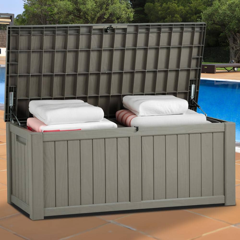120 Gallon Outdoor Patio Deck Box, Large Weatherproof Resin Storage Box, Light Brown - Hercitys