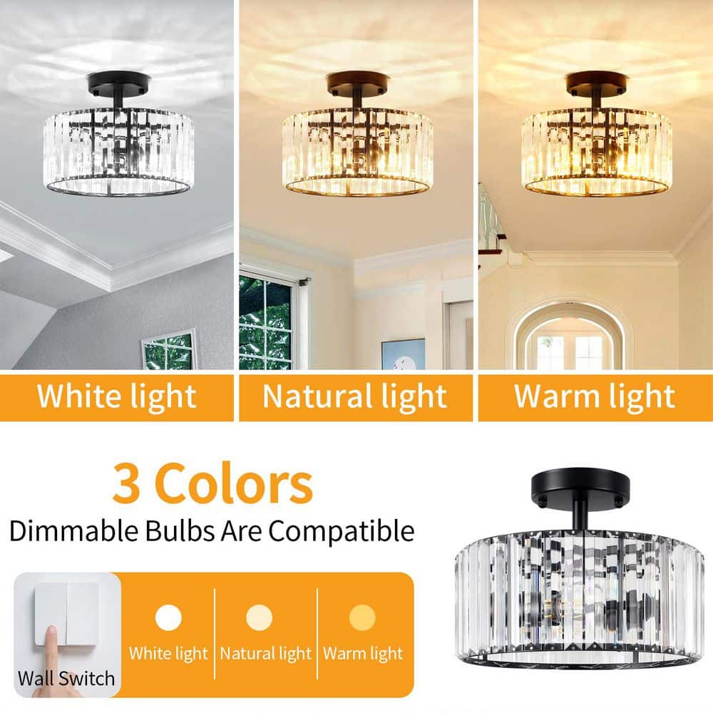 11.8 in. 3-Light Black Modern Drum Semi-Flush Mount Ceiling Light With Crystal Shade - Hercitys