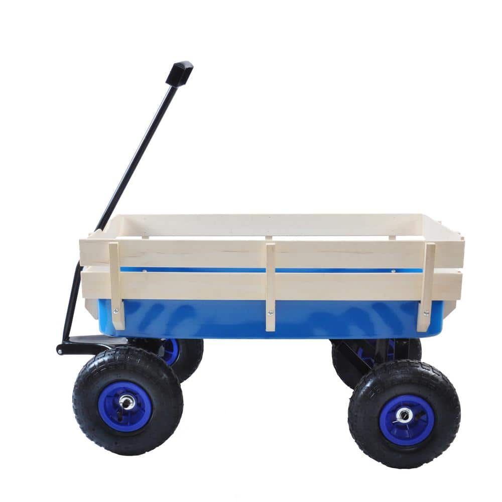 3 cu. ft. All-Terrain Steel and Wood Wagon Kids Children Garden Cart Air Tires Outdoor Blue - Hercitys