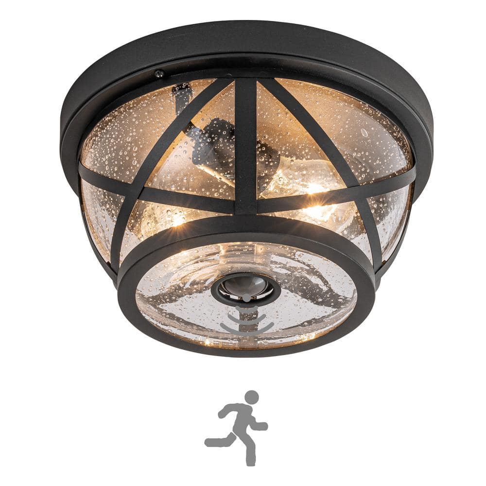 11 in. 2-Light Matte Black Outdoor Motion Sensing Dimmable No Bulb Included Flush Mount Ceiling Light (1-Pack) - Hercitys
