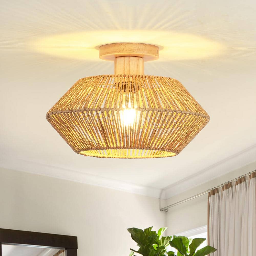 12.6 in. 1-Light Rustic Brown Wooden Semi-Flush Mount Light with Imitation Hemp Rope Shade and No Bulbs Included - Hercitys