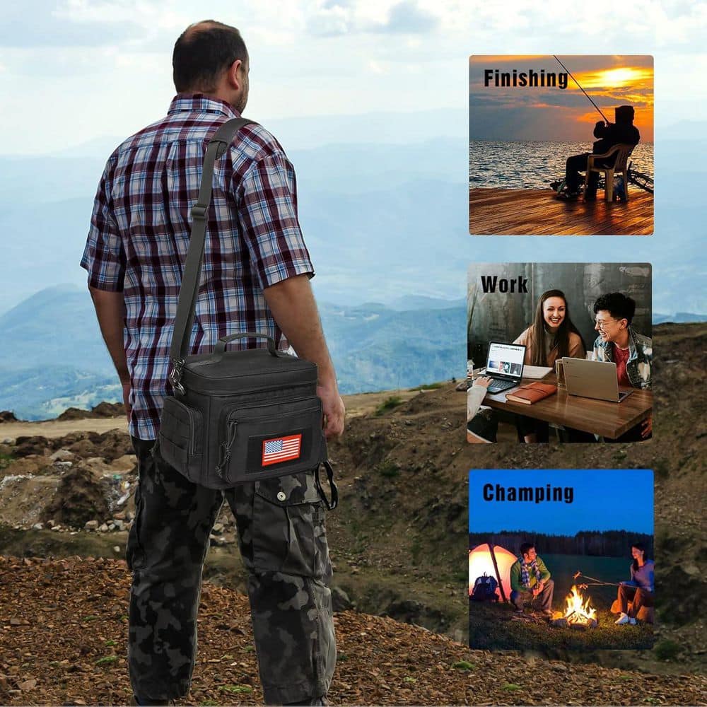 12.3 qt. Tactical Lunch Box MOLLE Webbing Insulated Leakproof Cooler Black with Adjustable Shoulder Strap - Hercitys