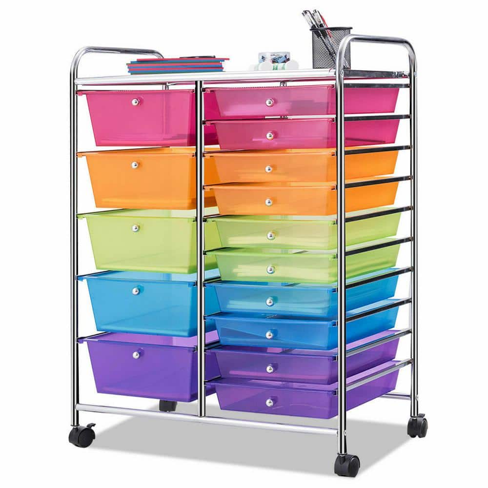 15 Drawer 4-Wheeled Plastic Rolling Storage Cart Tools Scrapbook Paper Office School Organizer in Colorful - Hercitys
