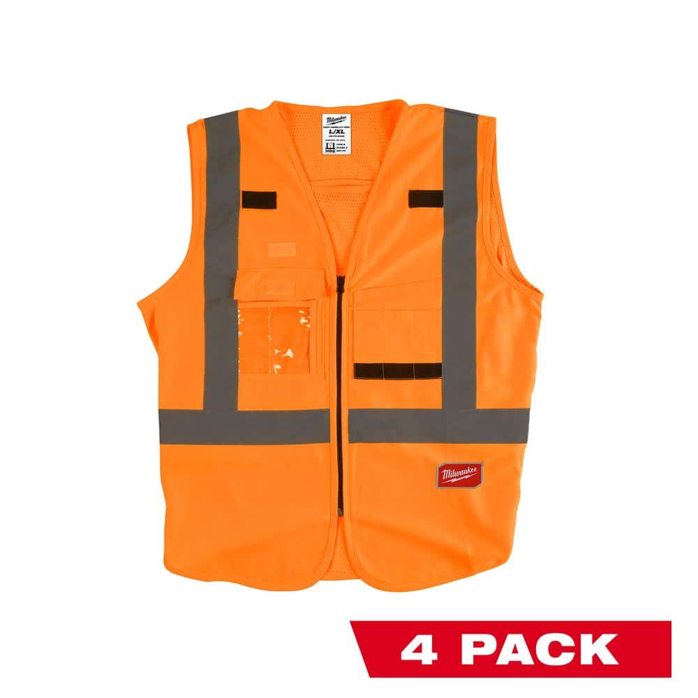 2X-Large /3X-Large Orange Class 2-High Visibility Safety Vest with 10 Pockets (4-Pack) - Hercitys