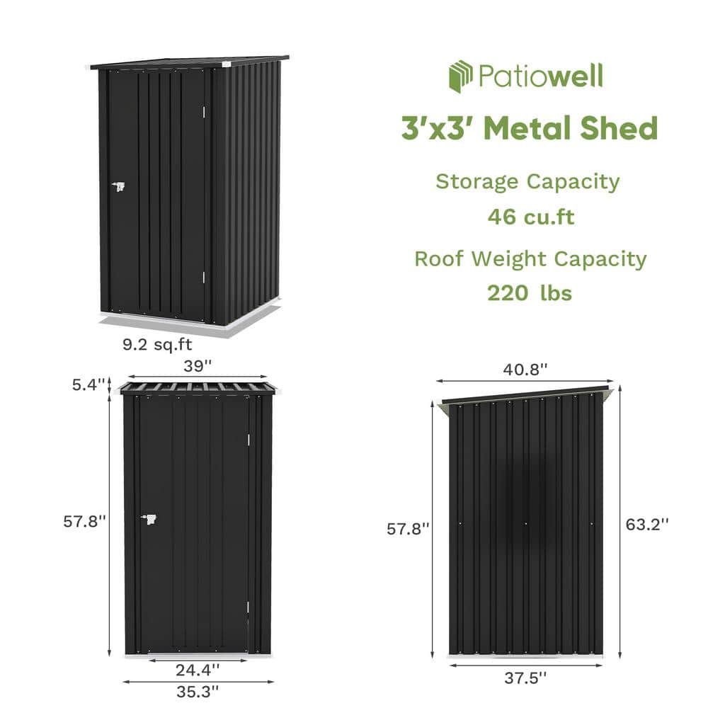 3 ft. W x 3 ft. D Galvanized Steel Outdoor Storage Black Metal Shed with Sloping Roof and Lockable Door (9.2 sq. ft.) - Hercitys