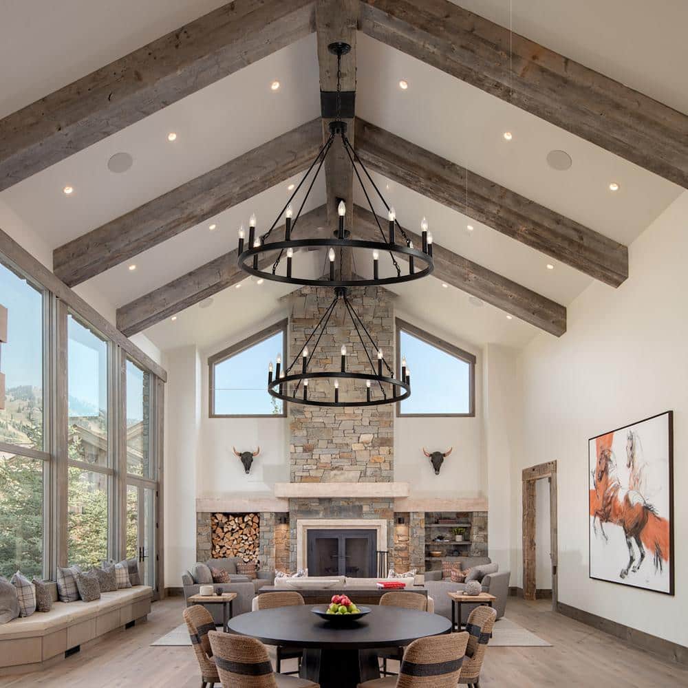 38 in. 12-Light Black Wagon Wheel Chandelier Round Wagon Wheel Outdoor Chandelier Porch Light Fixtures - Hercitys