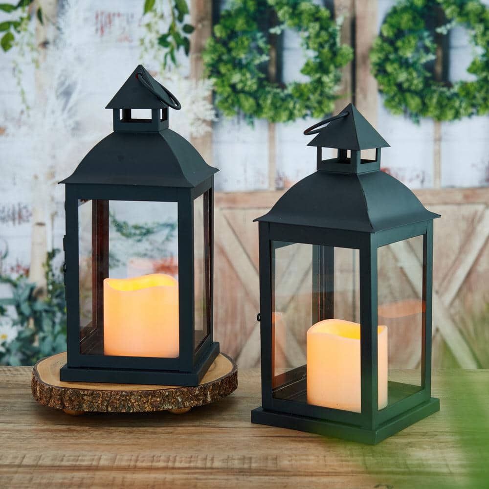 (Set of 2) Black Traditional Metal Lanterns 3 in. x 4 in. LED Pillars Included - Hercitys