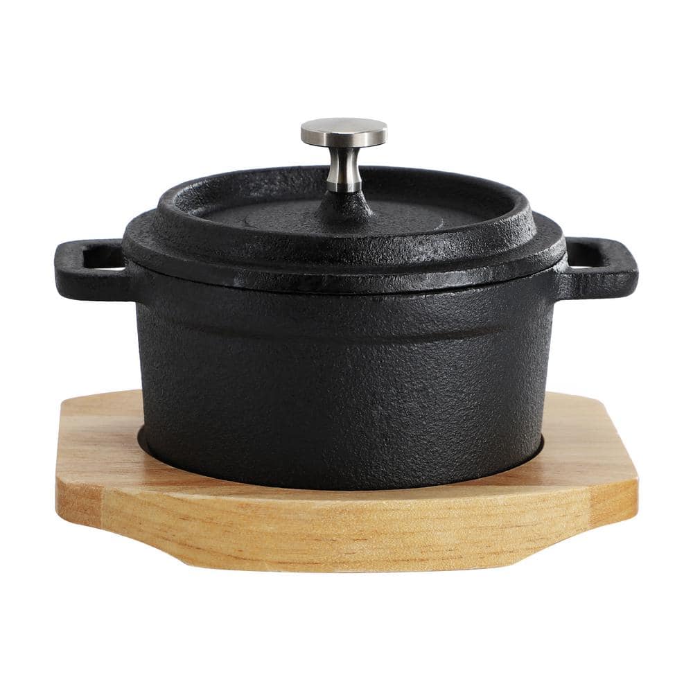 4 Piece Cast Iron 0.25 qt. 8 Ounce Mini Dutch Oven with Wood Tray - Hercitys