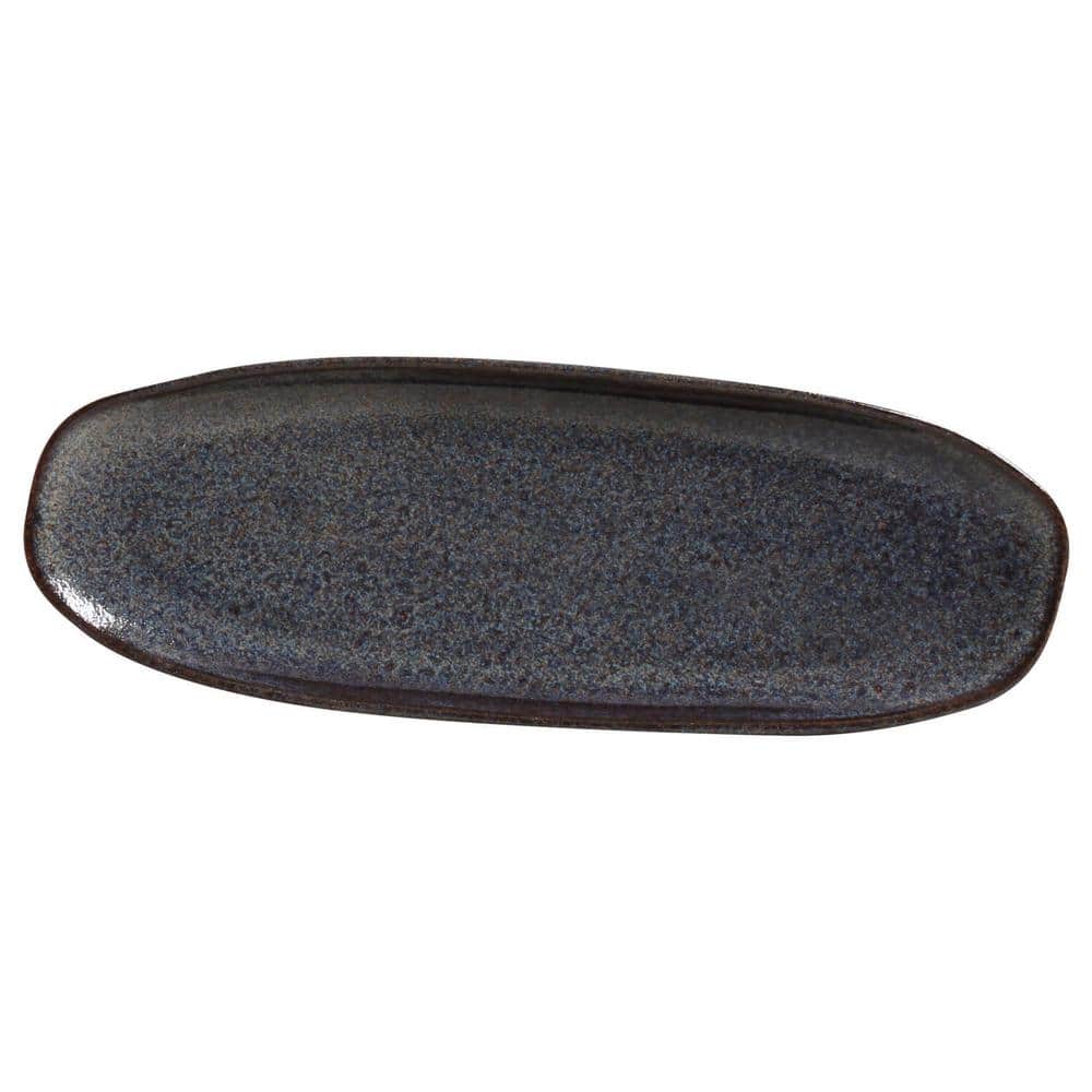14.17 in. Titanium Dark Blue Stoneware Shallow Oval Platter Large Organic (Set of 4) - Hercitys