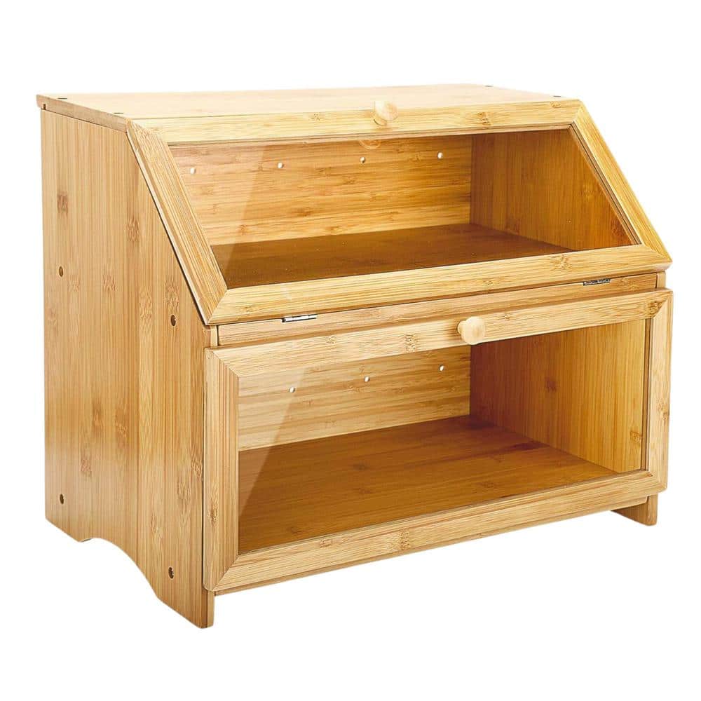 1 Piece Double Layer Bread Box for Kitchen Counter, Wooden Large Capacity Bread Storage Bin (Natural Bamboo) - Hercitys
