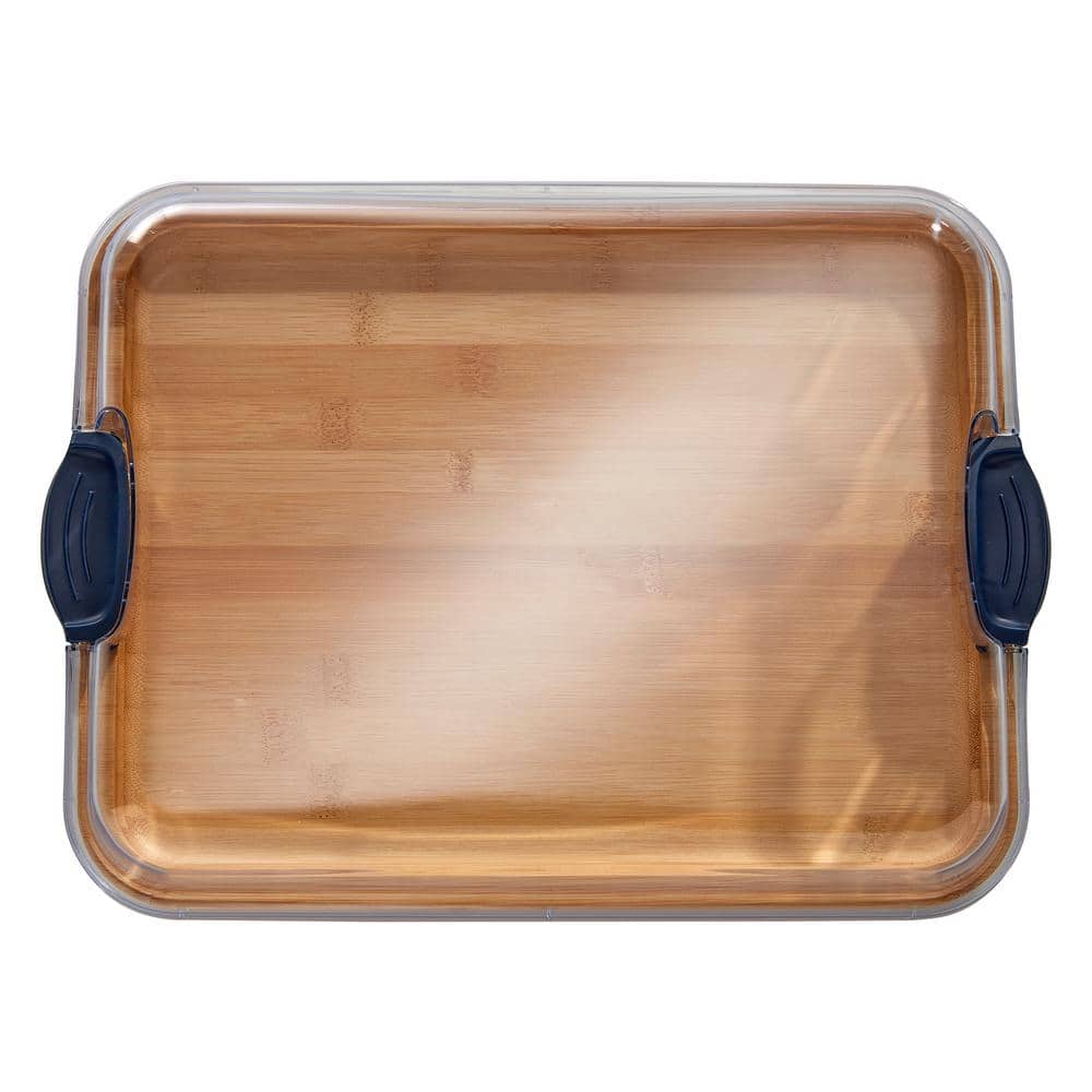 11inLx14in.Wx2.9in.H Build-A-Board Bamboo Cutting Board w/Built-in Compartments and Clear Locking Lid w/Navy Handles - Hercitys