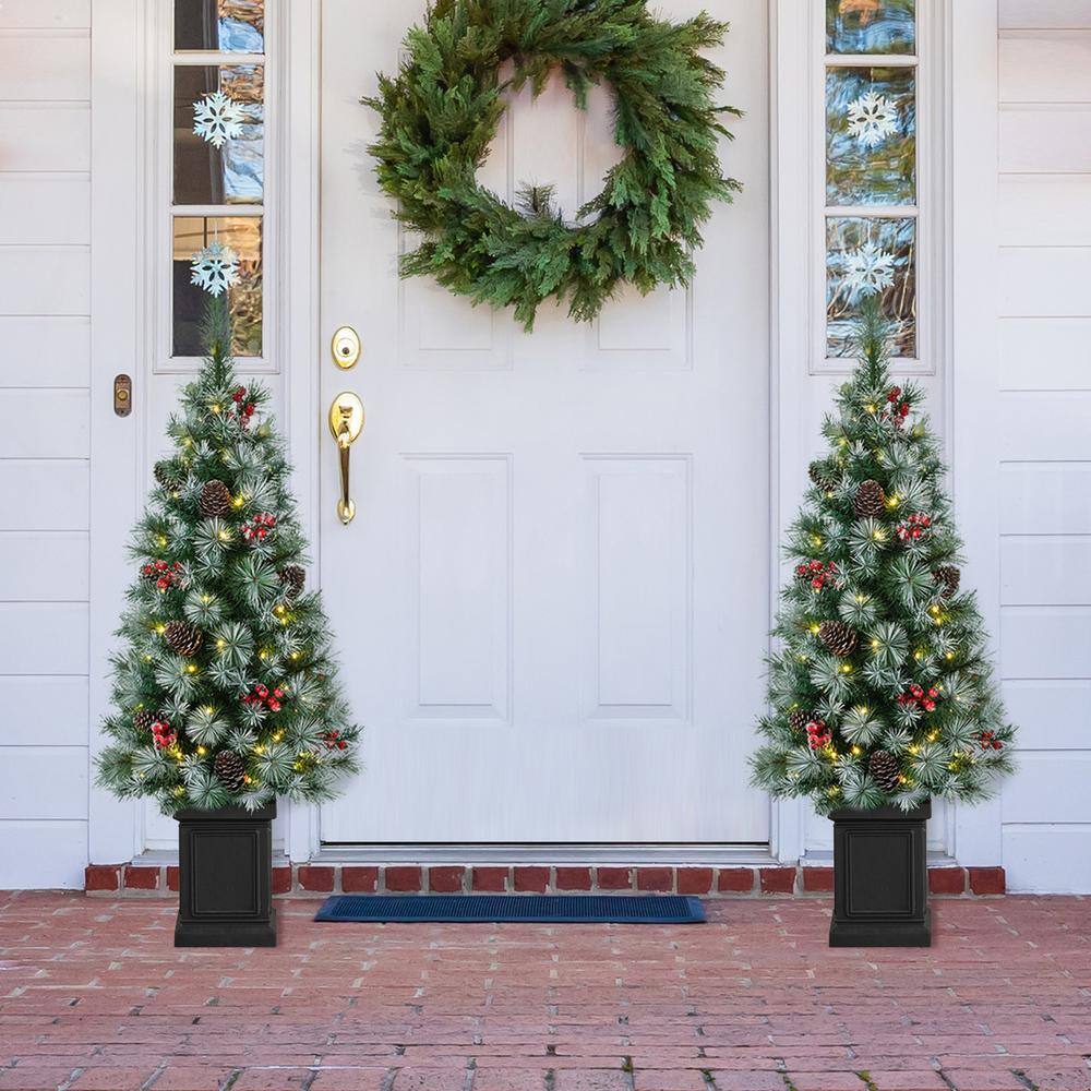 4 ft. Pre-Lit Pine Artificial Christmas Tree Porch Tree with 80 Warm White Lights, Pinecones and Red Berries (Set of 2) - Hercitys