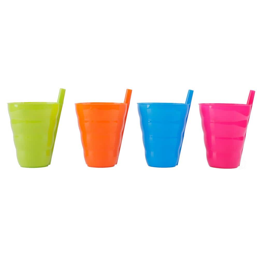 10 OZ Reusable Plastic Cups with Straw Blue, Pink, Green, and Orange, Set of 4 - Hercitys