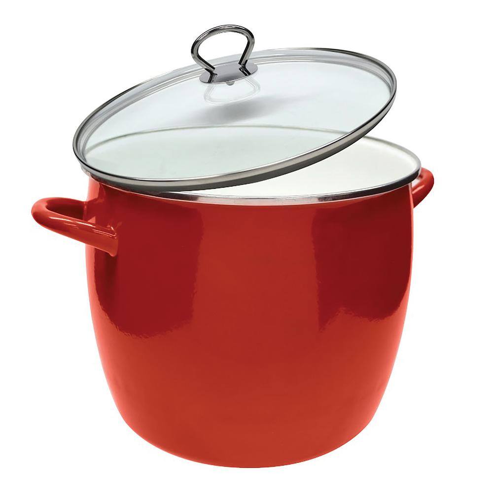 12 qt. Enamel on Steel Stock Pot in Red with Glass Lid - Hercitys