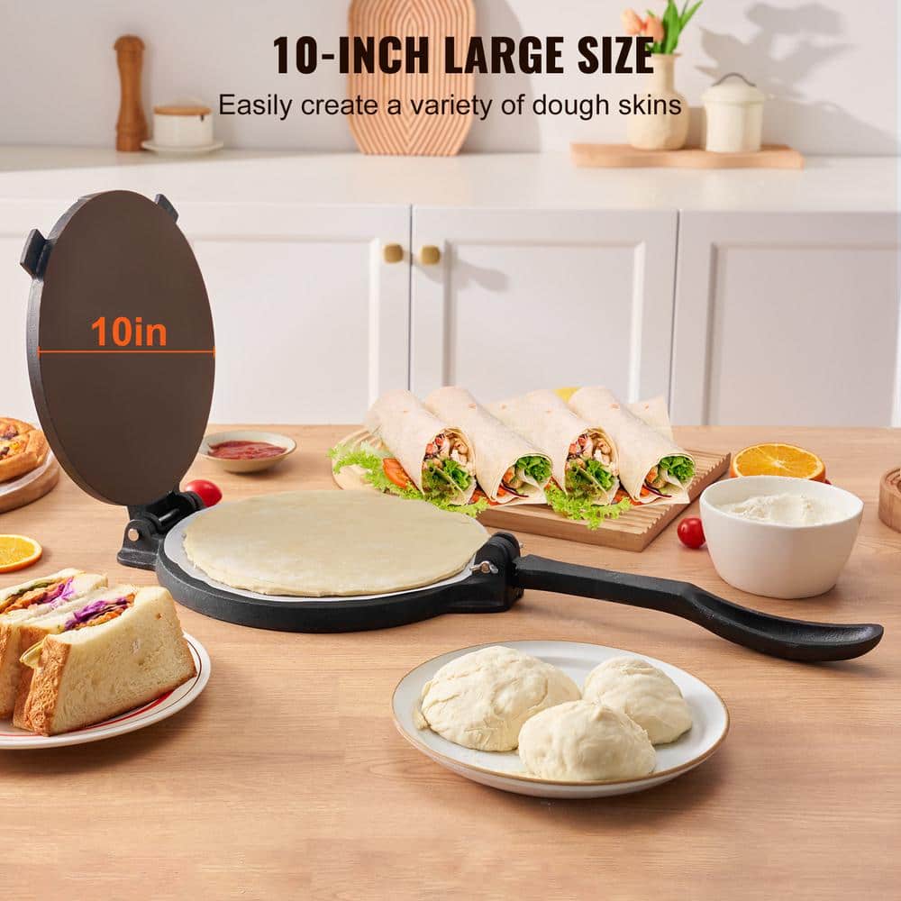 10in. Cast Iron Tortilla Press, Tortilla and Roti Maker with Pre-Seasoned Paracone Maker with 100-Piece Tawa, Black - Hercitys