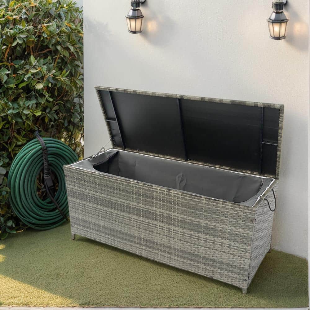 113 Gallon Wicker Patio Deck Boxes with Lid, Outdoor Storage Box for Kids Toys, Pillows, Towel Grey Wicker - Hercitys