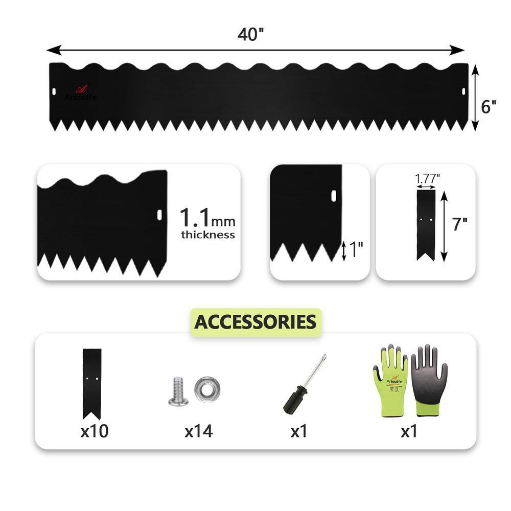 40 in. x 6 in. Galvanized Steel Garden Landscape Edging in Black Lawn Border with Gloves and 10 Stakes (6-Pieces ) - Hercitys