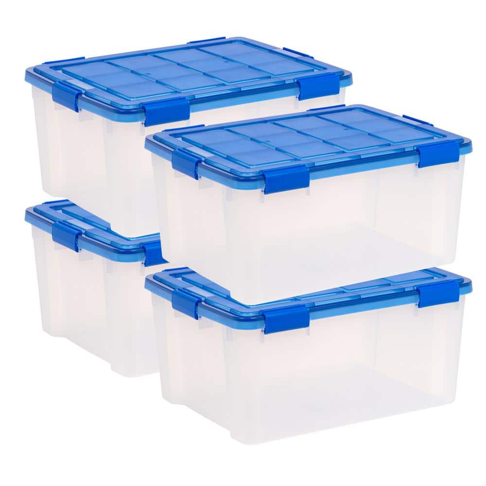 15 Gal./60 Qt. Lockable Plastic Storage Tote in Clear with Sturdy Blue Lid and Buckles (4-Pack) - Hercitys