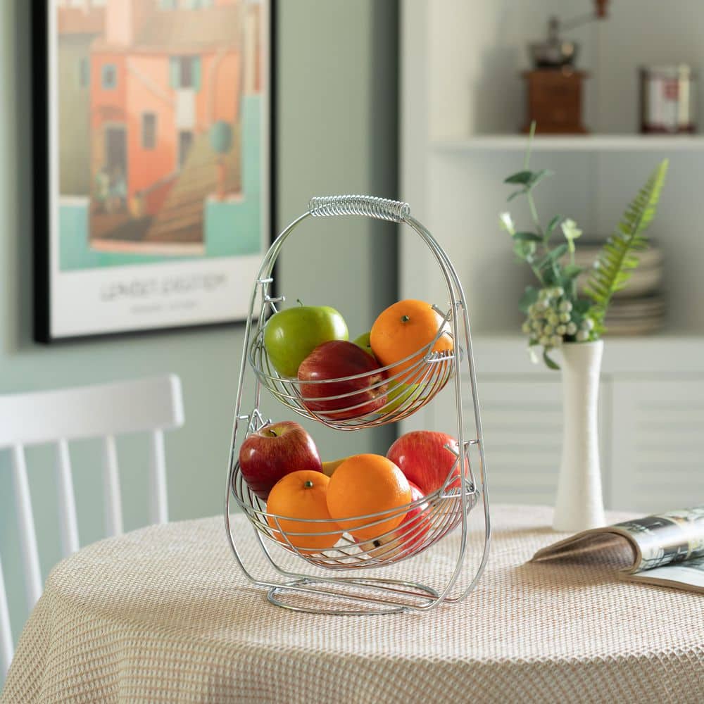 2 Tier Fruit Swing Basket for Kitchen, Detachable Countertop Vegetables Storage Organizer with Display Hammock Stand - Hercitys