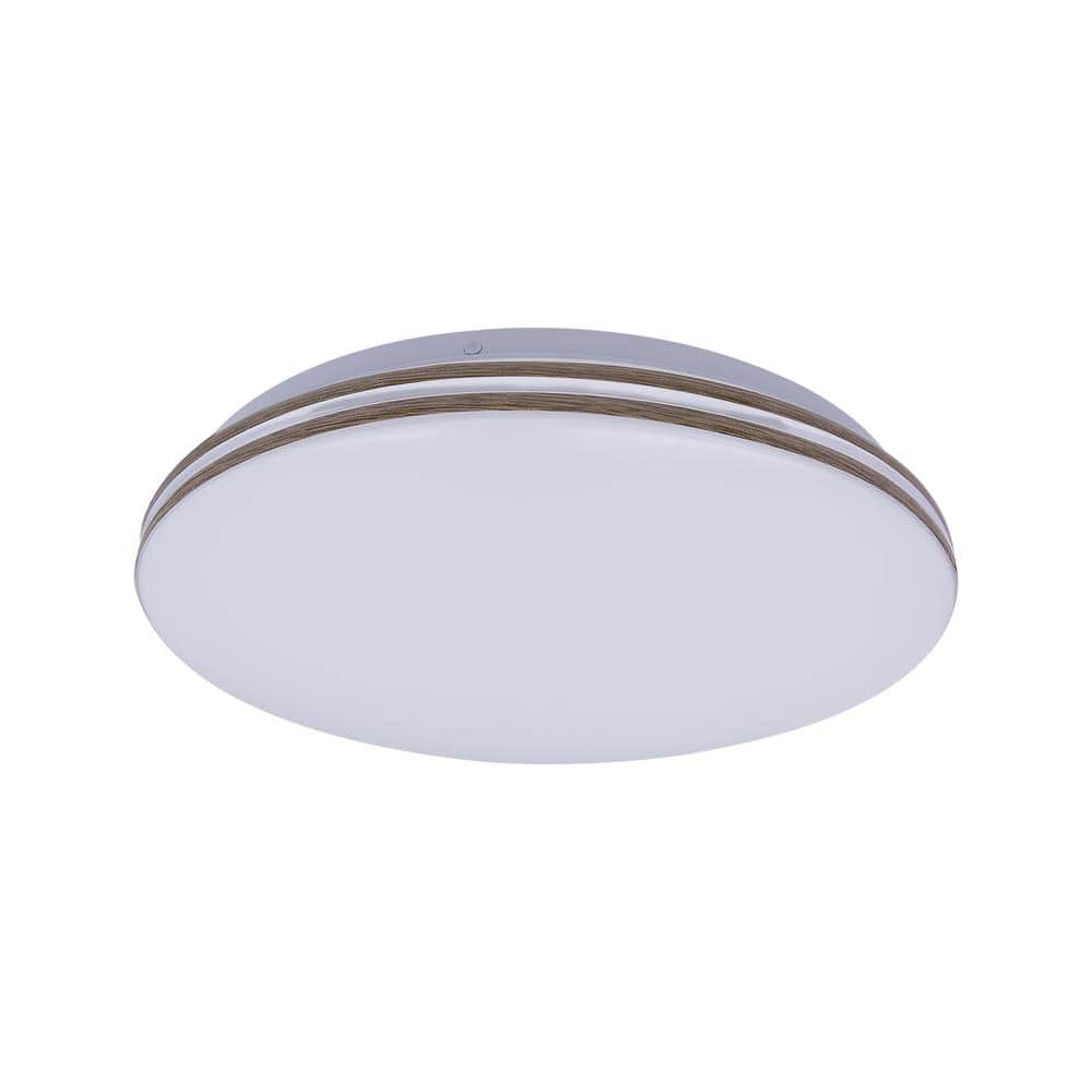 13.2 in. Round White with Faux Wood-Grain Trim Adjustable CCT 3000K/4000K/5000K Dimmable Flush Mount Light Fixture - Hercitys