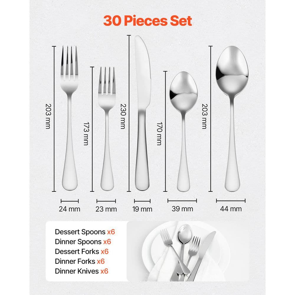 30-Piece Silverware Set, Stainless Steel Flatware for 6, Mirror Finish Cutlery, Dishwasher Safe Tableware for Kitchen - Hercitys