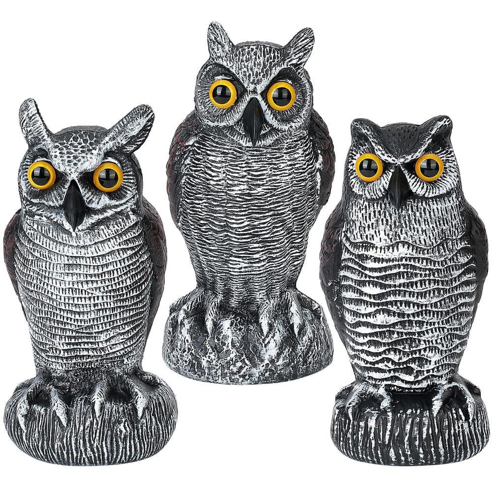 3-Pack Plastic Owl Decoys, Weatherproof Bird Repellent Devices for Outdoor Use - Hercitys