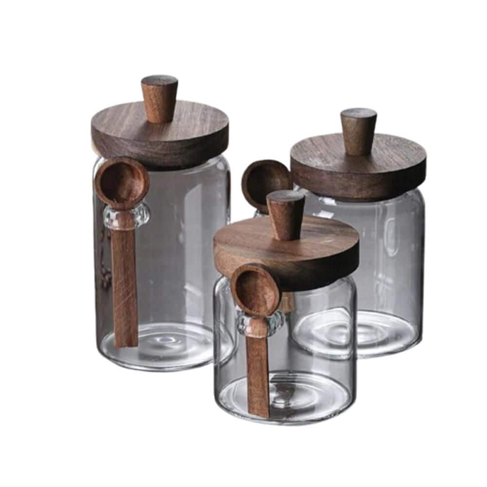 3-Piece Borosilicate Glass Storage Jars Set with Spoons and Heat-Resistant for Tea, Spices, Biscuits & Seasonings, Brown - Hercitys