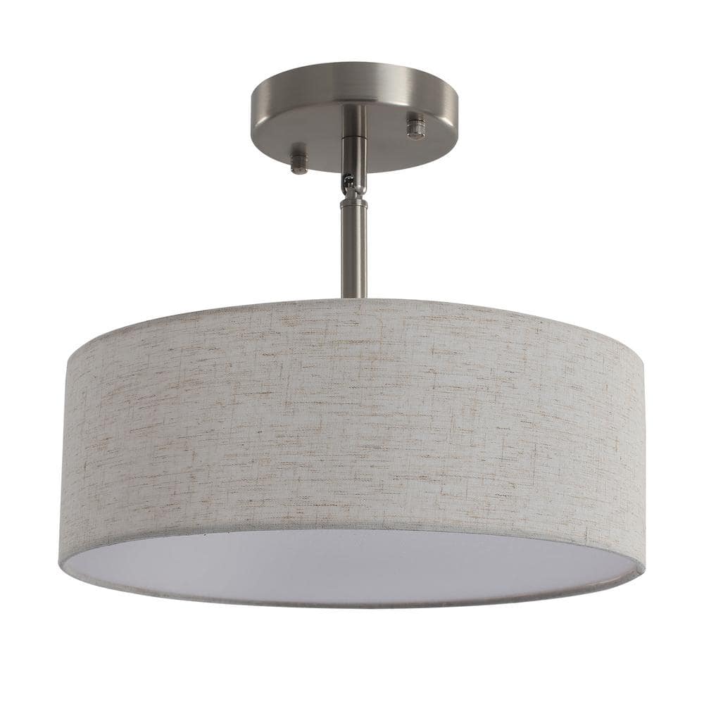 12.6 in. 3-Light Nickel Drum Linen Blend Semi Flush Mount Ceiling Light with White Fabric Shade and No Bulbs Included - Hercitys