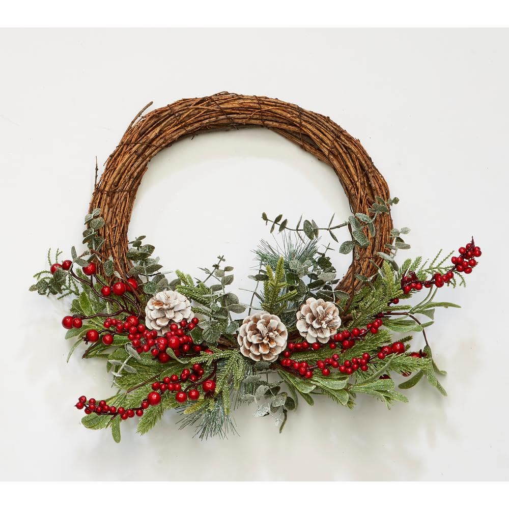 20 in. Pine Needle Half Artificial Christmas Wreath with Pine Cone Red Berries - Hercitys