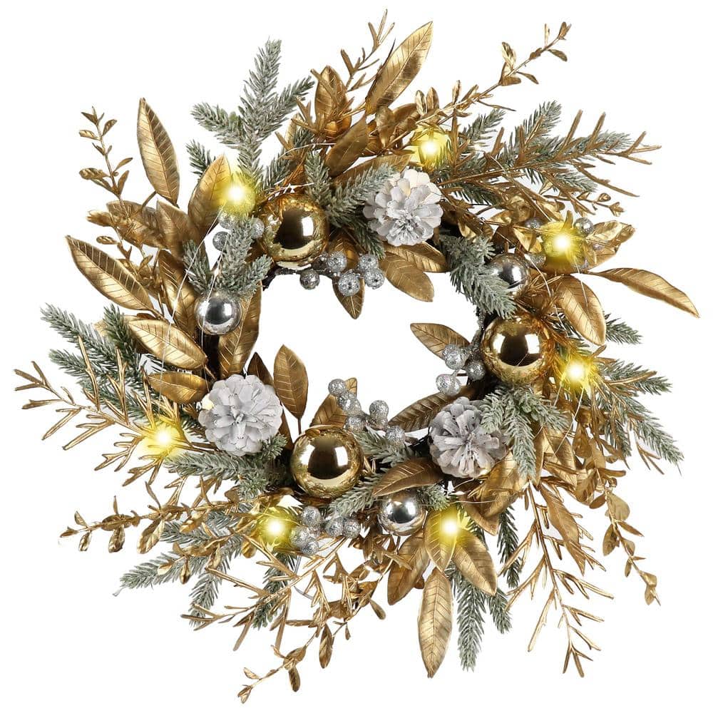 20 in. Handcrafted Multicolor Pre-Lit LED Artificial Christmas Wreath with Warm Lights, Pinecones, Silver Berries - Hercitys