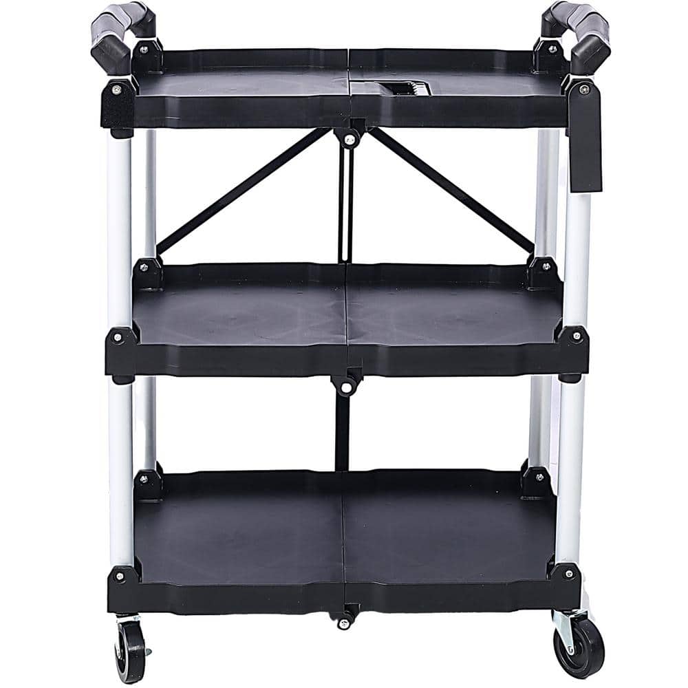 3-Layers Folding Collapsible Plastic Service Cart with Metal Frame, Black - Hercitys