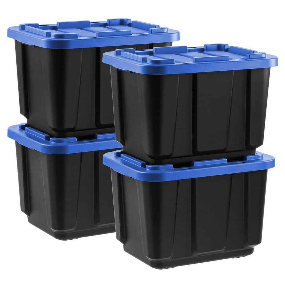 11.5 Gal. Stackable Storage Totes with Lids, Black-Blue, 4Pk - Hercitys