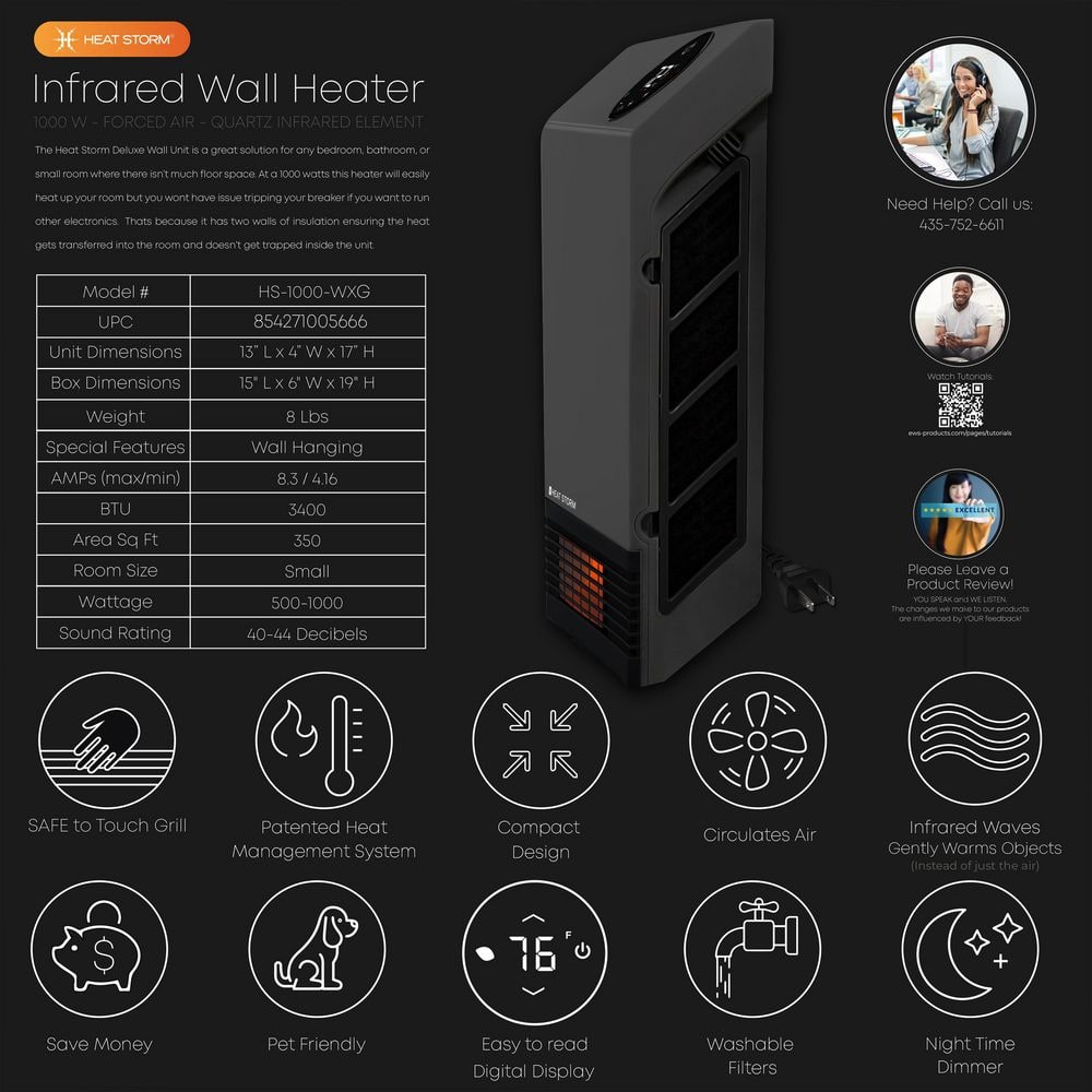 1,000-Watt Gray Deluxe Indoor Infrared Wall Heater - Hercitys