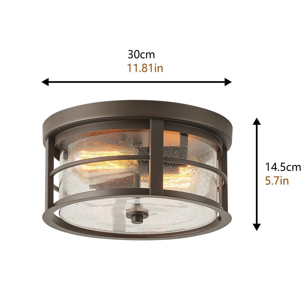 11.8 in. 2-Light Oil Rubbed Bronze Flush Mount Ceiling Light with Seeded Glass Shade Close to Ceiling Lighting Fixture - Hercitys