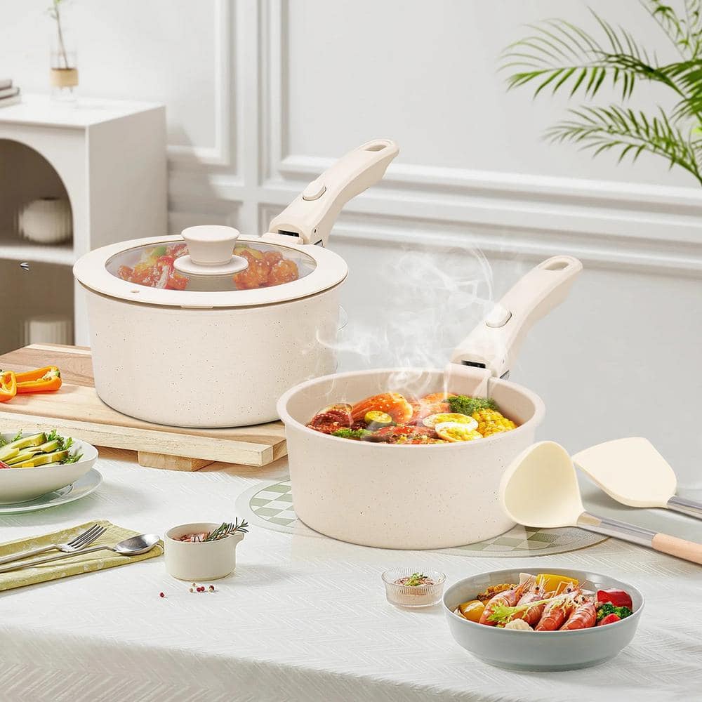 17-Piece Cream Ceramic Nonstick Cookware Set with Removable Handles - Hercitys