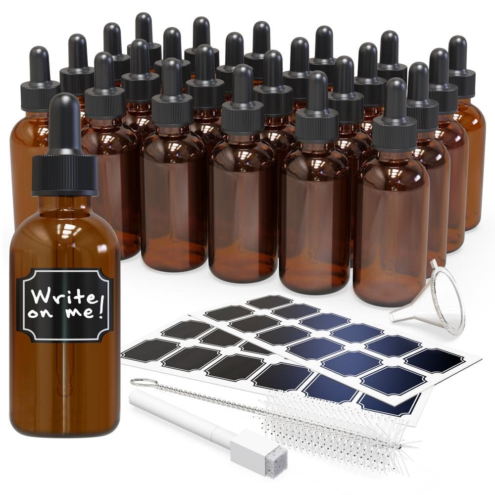 2 oz. Glass Dropper Bottles with Funnel, Brush, Marker and Labels – Amber (Pack of 24) - Hercitys