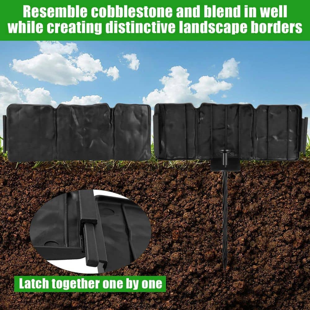 32 ft. x 4 in. Black Stone No Dig Plastic Interlocking Lawn Edging Fencing with Anchoring Spikes 40-Pieces - Hercitys