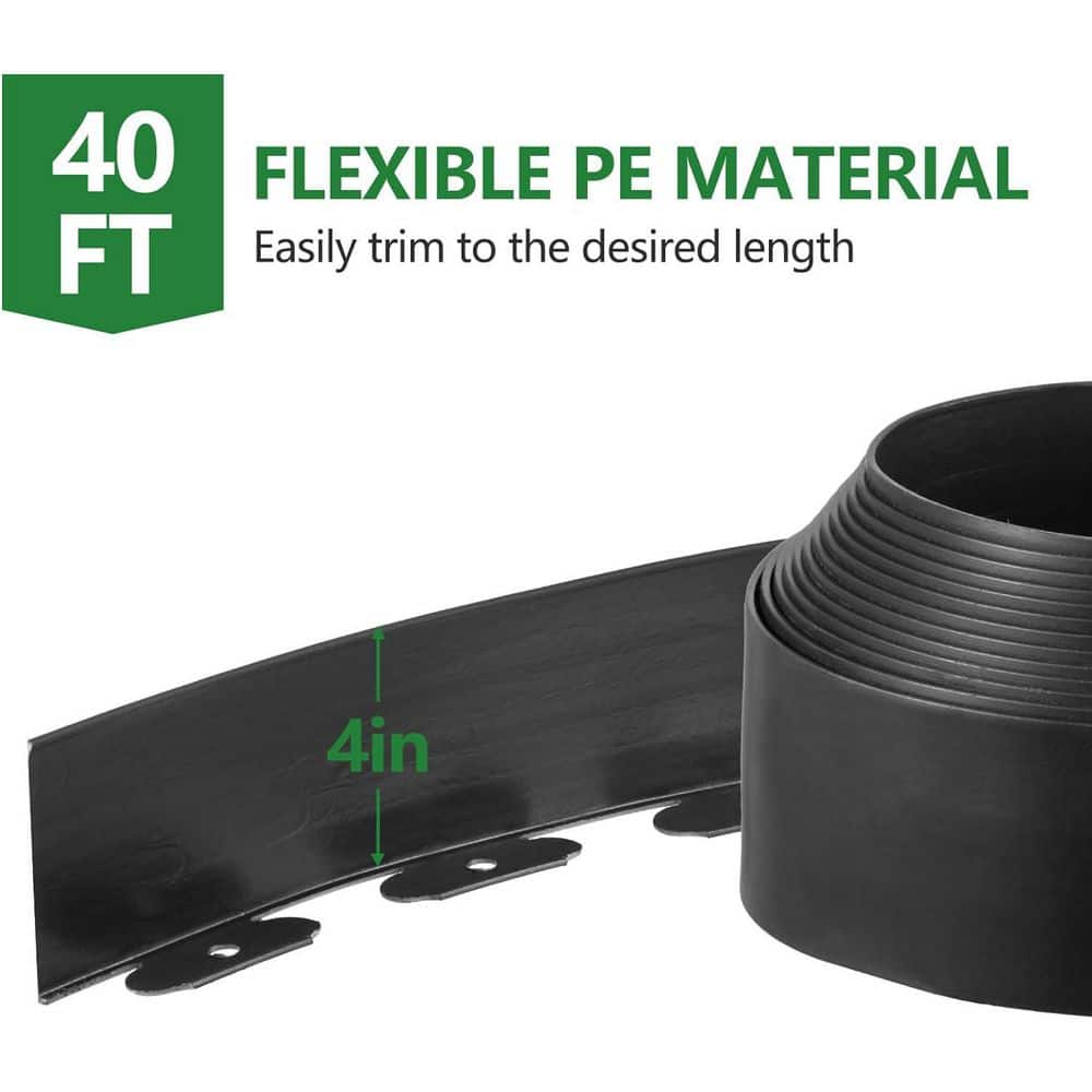 4 in. Tall 40 ft. Landscape Edging with 60-Metal Spikes, Flexible Plastic for Lawns – Black - Hercitys