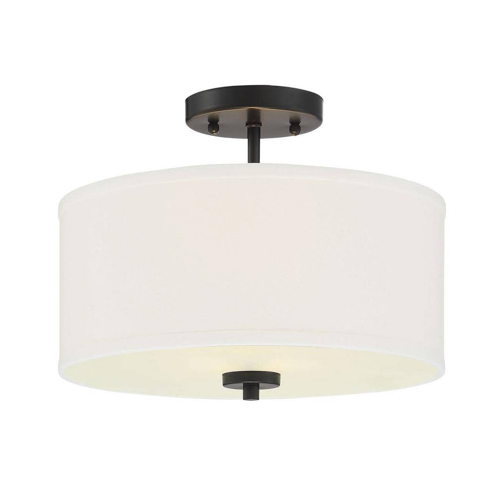 13 in. W x 10 in. H 2-Light Matte Black Semi-Flush Mount Ceiling Light with White Fabric Shade - Hercitys