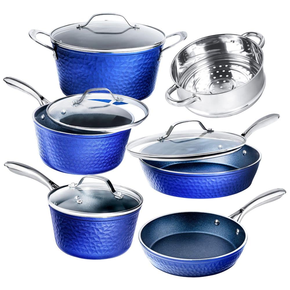 10-Piece Aluminum Hammered Ultra-Durable Non-Stick Diamond Infused Cookware Set in Classic Blue - Hercitys