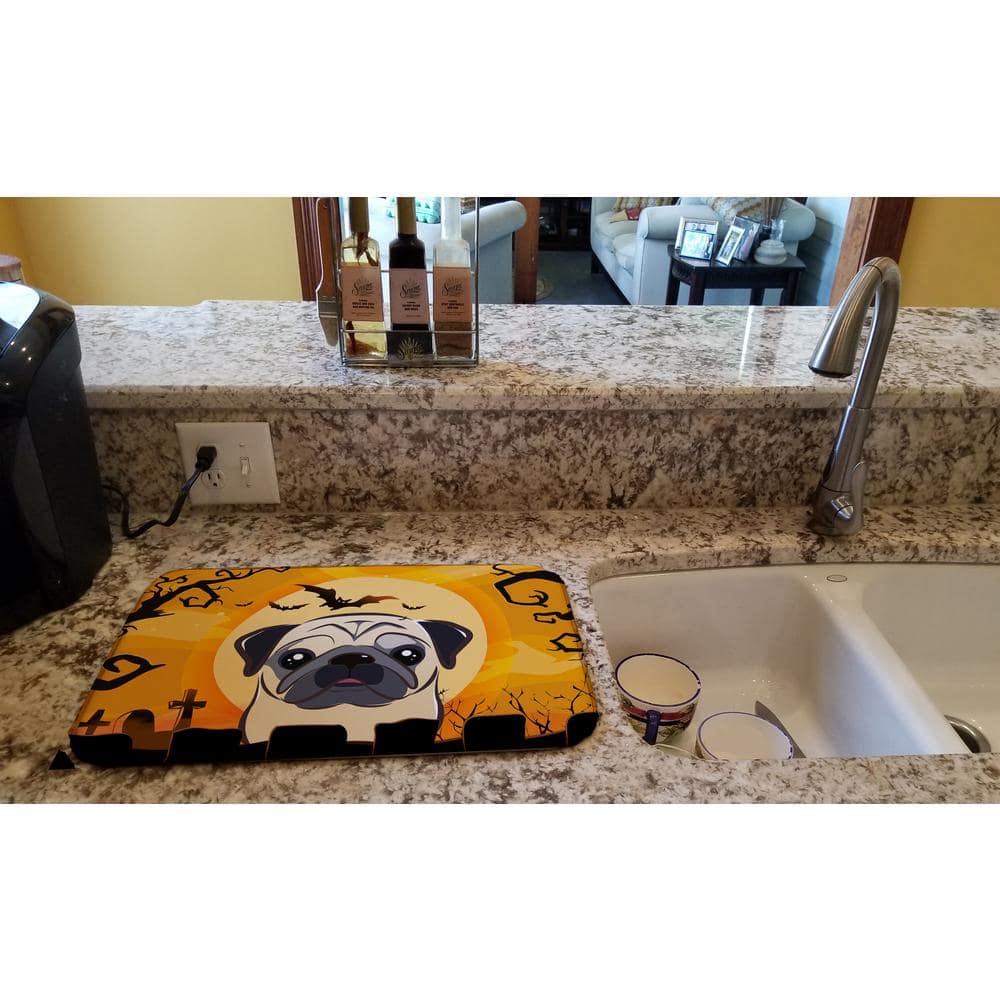 14 in. x 21 in. Multicolor Halloween Fawn Pug Dish Drying Mat - Hercitys