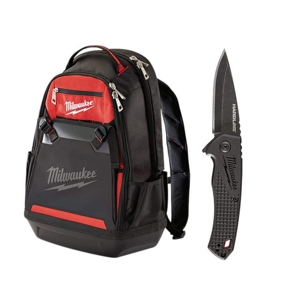 10 in. Jobsite Tool Backpack with Hardline D2 Steel Smooth Blade Pocket Folding Knife (2-Piece) - Hercitys