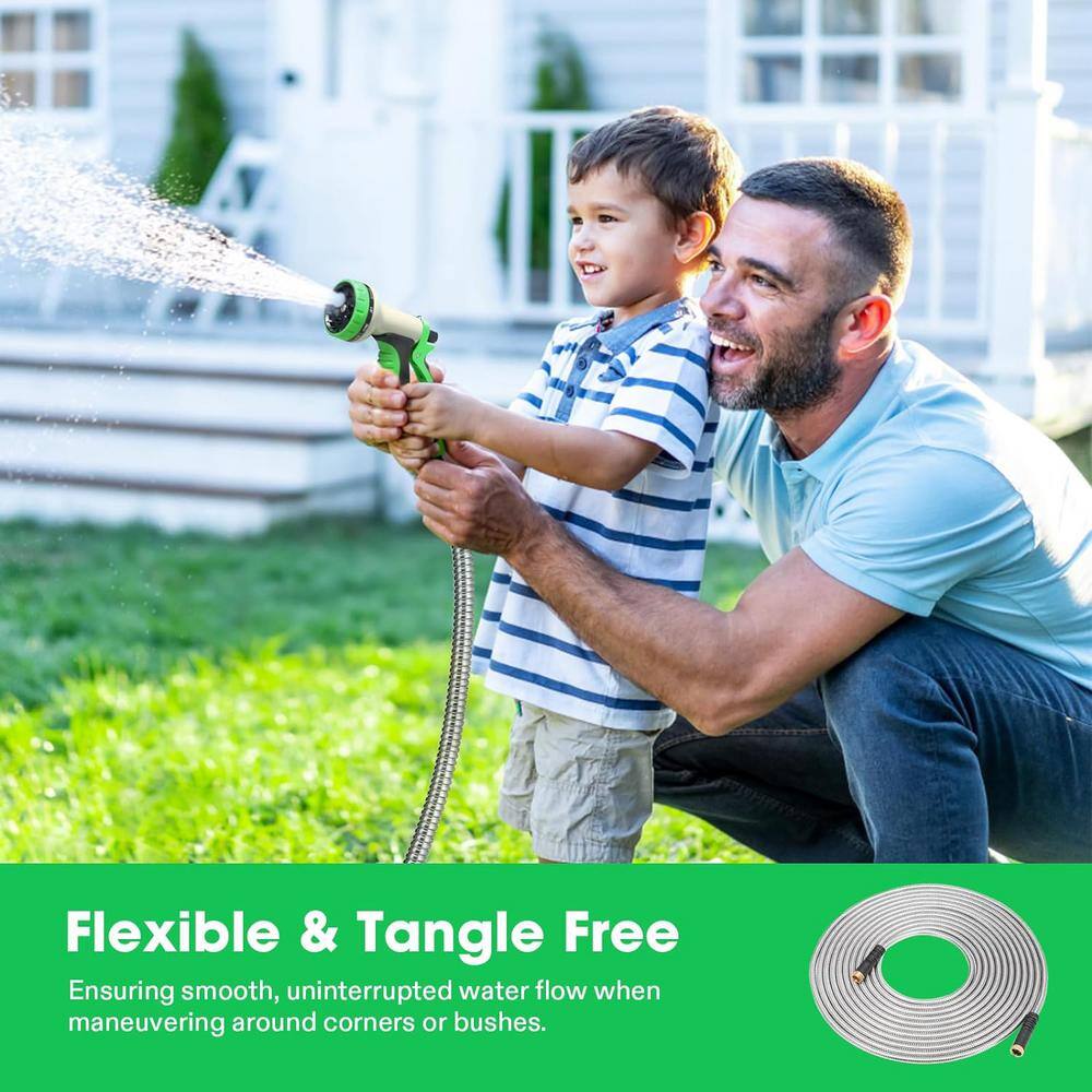 5/8 in. Dia. x 100 ft. Stainless Steel Water Hose with Brass Fittings and 10 Function Nozzle - Hercitys