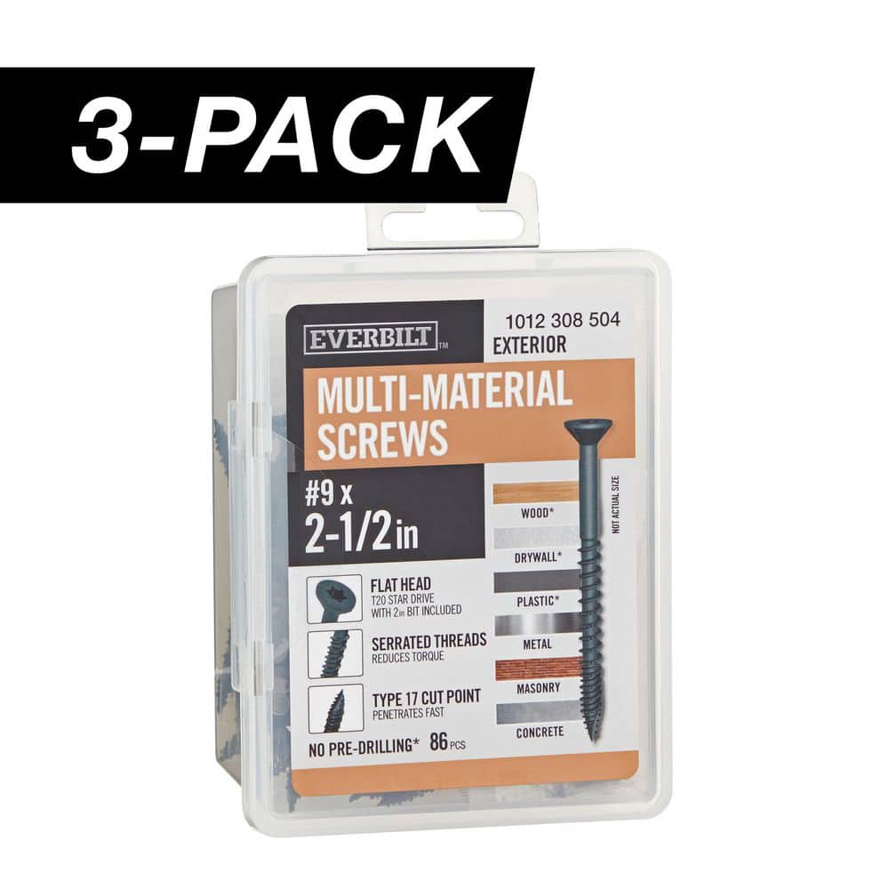 3-Pack #9 x 2-1/2 in. Black 6-Lobe Star Drive Exterior Flat Head Multi-Material Screw (3 lbs. / 258-Piece) - Hercitys