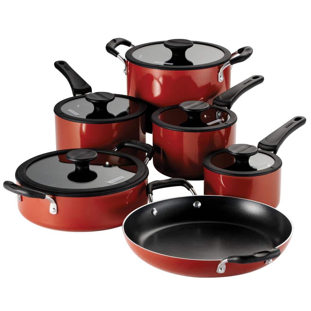 11-Piece Nesting Aluminum Nonstick Cookware Set in Red - Hercitys